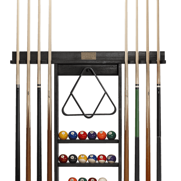 MyGift Rustic Burnt Solid Wood Pool Cue Stick Holder, Ball Holder, and Triangle Rack Hook Organizer Stand with Industrial Black Metal Pipe Frame, Freestanding Billiard Equipment All-in-One Storage